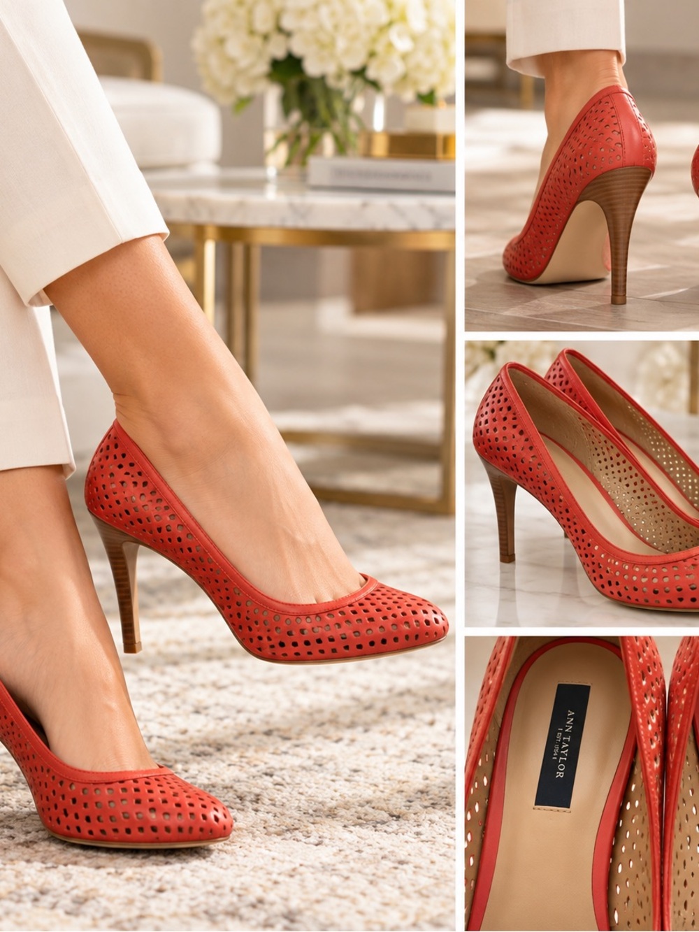 Ann Taylor Leather Perforated Pumps Coral Red Size 8M